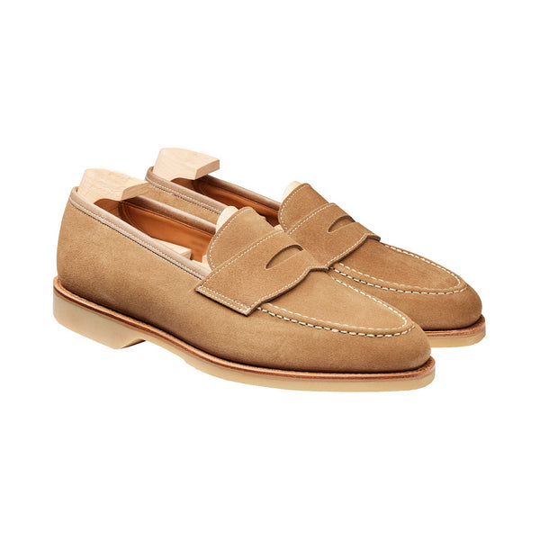 Costa Barca Riviera Suede Penny Loafer in Terra Brown, front three-quarter view