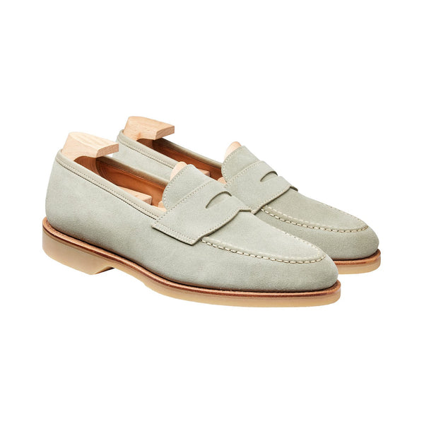 Costa Barca Riviera Suede Penny Loafer in Mist Grey, front three-quarter view